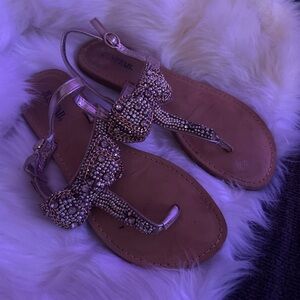 Embellished Bow T-Strap Sandals - Gold